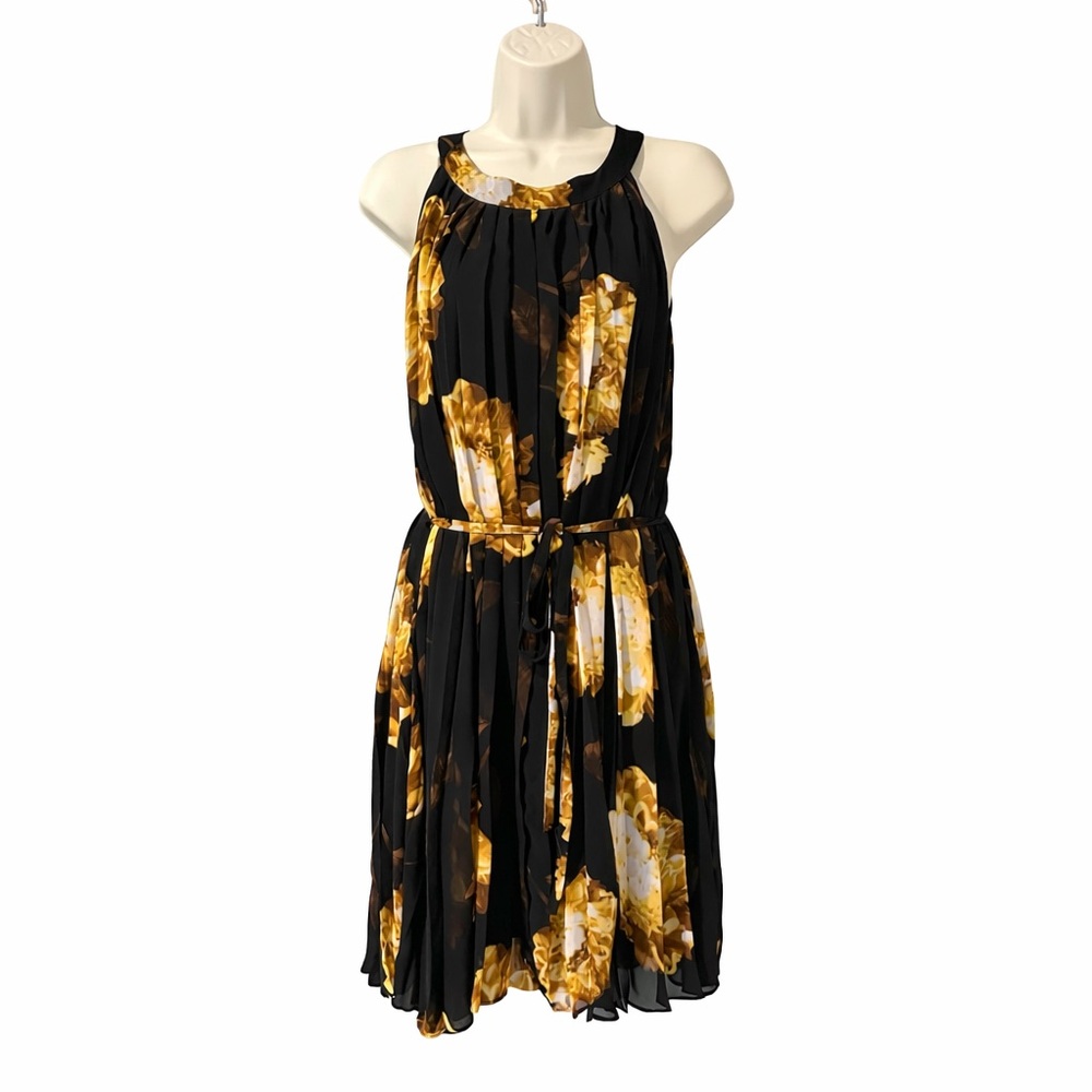 New York & Company Floral Pleated Chiffon Halter Dress Tie Waist Black Gold Sz M